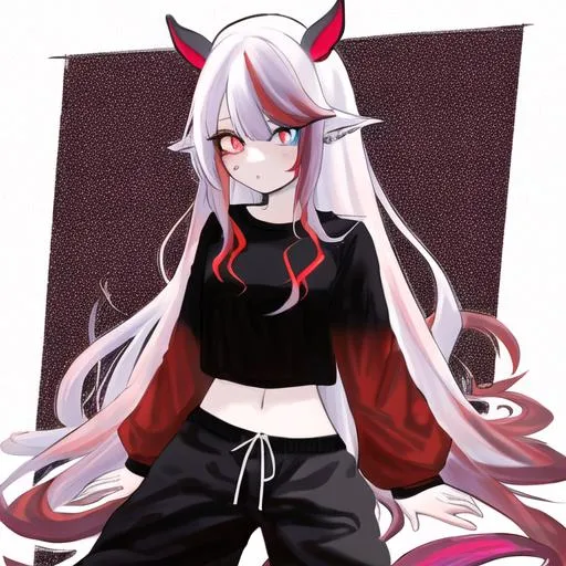 Prompt: Haley  (multi-color hair) (multi color eyes) (she has demon horns) (she has horse ears) (demon horns sit on the side of her horse ears) (red markings all over her body) wearing a black shirt and long sweatpants, pajamas full body
