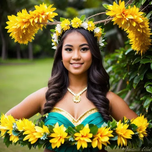 Prompt: BEAUTIFUL HAWAIAN GIRL  IN HULA OUTFIT WITH ENORMOUS GOLDEN FLOWER  CROWN