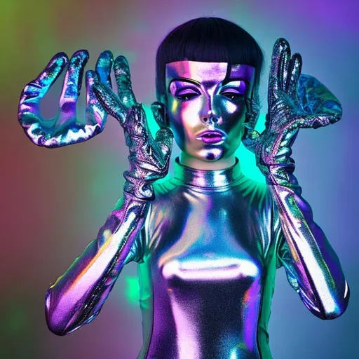 Prompt: weirdcore tv head with puffy holographic dress and gloves