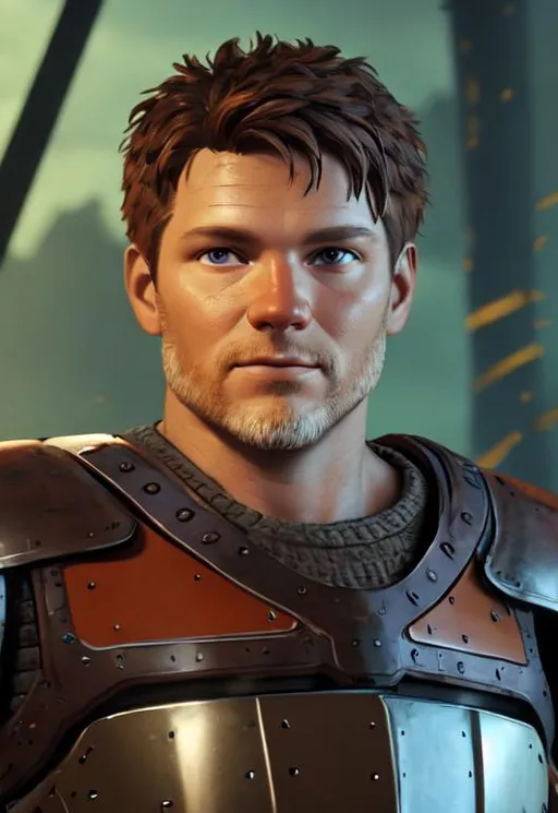 Prompt: Digital Art, 45-year-old viking man, brown hair, wavy hair, short trimmed beard, short trimmed mustache, brown eyes, burnt orange gear, bright orange armor, unreal engine 8k octane, 3d lighting, full body, full armor