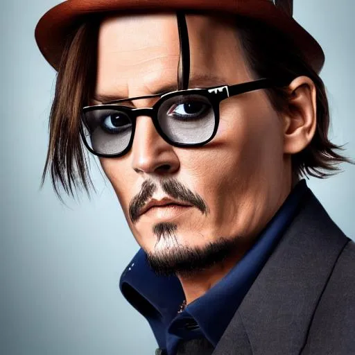 Prompt: photo realistic portrait of {Johnny Depp}, centered in frame, facing camera, symmetrical face, ideal human, 85mm lens,f8, photography, ultra details, natural light, light background, photo, Studio lighting