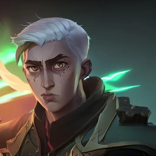 Prompt: Splash art of an armoured mage,with white hair, green eyes and a scar below the right eye, 
Mage channelling fire
shooting magic onto a battlefield
from his hands, mystical
energy in the air, action
shot, heroic fantasy art,
special effects, hd octane
Render
