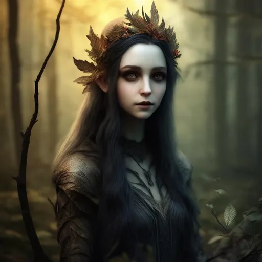 Prompt: Realistic digital render, dark shadowy forest, young beautiful elvish woman wearing dark clothing, leaf and stick crown, perfect features, light eyes black hair, smiling




