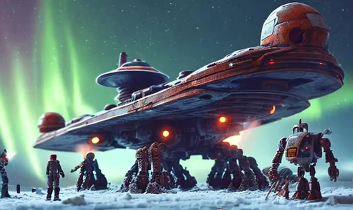 Prompt: huge old rusty spaceship getting repaired  by robots ice planet sparks fire welding people working aurora many colours   guard drinking milk enhance detail turret on spaceship real soldier thin landing gears symmetrical ship laser 