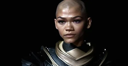 Prompt: zendaya, feyd rautha, dune, pale, white, bald, facial scars