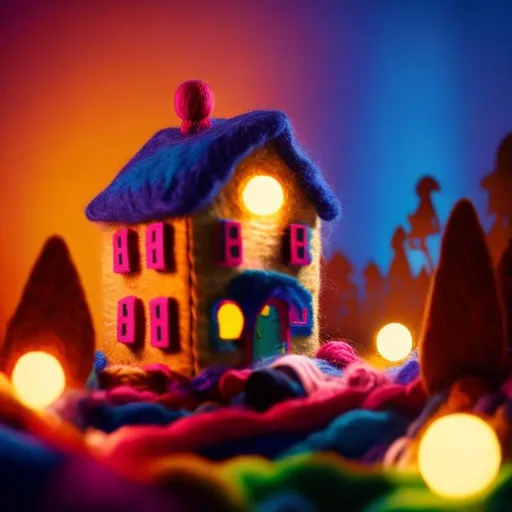 Prompt: Close up image of imaginary toy house made of colorful yarn and felt with romantic lights