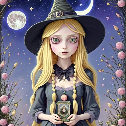 Prompt: witch with long blonde hair, large chest, holding tarot cards, wearing witch hat, cute, flowers, aesthetic, pastel, fairycore, disney, pixar, moon, stars, witchcraft, in a starry pastel sky,  garden, sweet, dreamy, award winning illustration, artstation, highres, realistic, tim burton style, large eyes,  tarot card style