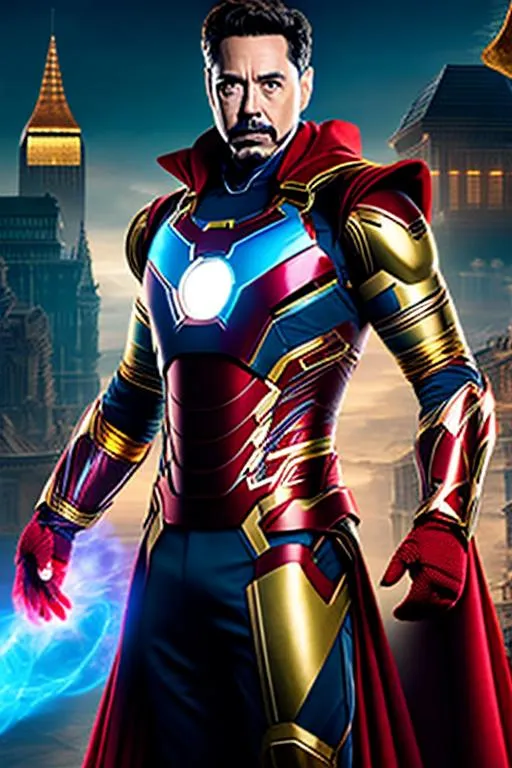 Prompt: High-resolution hyperrealistic photo of sorcerer-supreme merged with iron-man, blue and gold armour, red cape, uhd, hdr, 64k