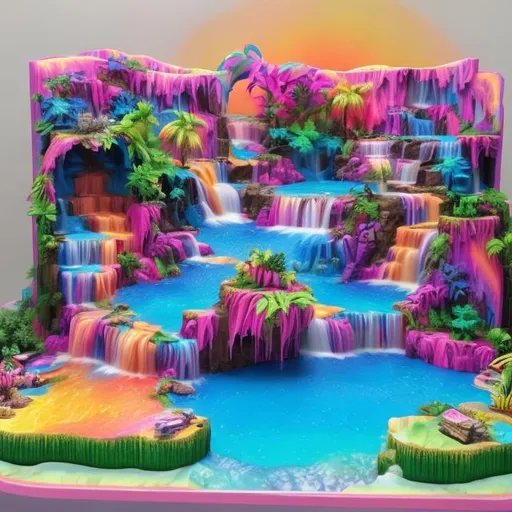 Prompt: Lisa frank style waterfall diorama 