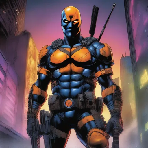 Prompt: A striking portrayal of Gerard Butler as Deathstroke, his battle-hardened face partially illuminated by the glow of neon lights. His mask is raised, revealing his stern expression and rugged features. He holds two sleek, customized handguns, their barrels emitting faint tendrils of smoke after a fierce firefight.
 illustrated in color  by Grant Morrison 