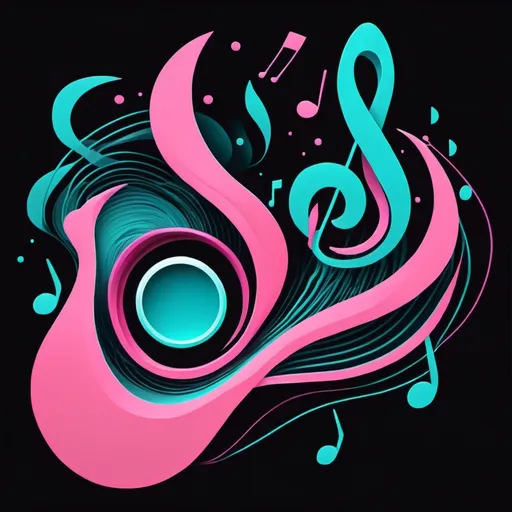 Prompt: illustration music, cyan pink, symbolism, cloudcore, endercore, black background, wavy lines organic shapes, logo