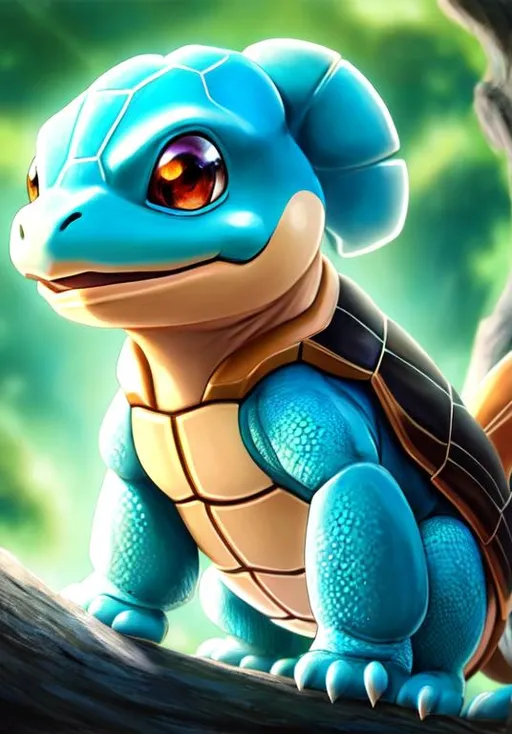 Prompt: UHD, , 8k,  oil painting, Anime,  Very detailed, zoomed out view of character, HD, High Quality, Anime, , Pokemon, Squirtle is a small reptilian Pokémon that resembles a light-blue turtle. While it typically walks on its two short legs, it has been shown to run on all fours in Super Smash Bros. Brawl. It has large, purplish or reddish eyes and a slightly hooked upper lip. Each of its hands and feet have three pointed digits. The end of its long tail curls inward. Its body is encased by a tough shell that forms and hardens after birth. This shell is brown on the top, pale yellow on the bottom, and has a thick white ridge between the two halves.

Squirtle's shell is a useful tool. It can withdraw into the shell for protection or to sleep. The grooved, rounded shape helps to reduce water resistance, allowing the Pokémon to swim at high speeds. Squirtle can spray foamy water from its mouth with great accuracy. Squirtle is scarce in the wild, although it can be found around small ponds and lakes.

Pokémon by Frank Frazetta