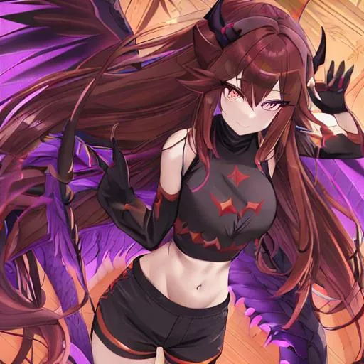 Prompt: Half Human Half Dragon Woman, brown hair, realistic amber eyes, black pupils, big wings, two long curved horns, long hair, black nails, long thin tail, purple crop top, black shorts, anime style