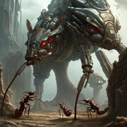 Prompt: fantasy art style, dystopian, biological mechanical, ants, fire ants, giant ants, bullet ants, aliens, outer space