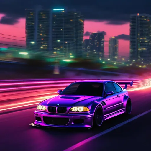 Prompt: 2001 BMW M3 E46 GTR, synthwave, aesthetic cyberpunk, miami, highway, dusk, neon lights, coastal highway, dusk, neon lights, coastal highway, sunset, drift, nurburgring