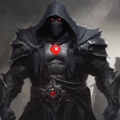Prompt: Tall, Intimidating, Large, male, Solomon Grundy/goliath DnD build, black hair,  very dark grey scarred skin, covered in bandages, dark tattered cloth armor exposes his midriff, hood of magical darkness mask like Xûr, Agent of the Nine in destiny that covers entire face, large red gem between pecs in chest, Path of the Zealot Barbarian, Strong, wielding large two-handed great-axe