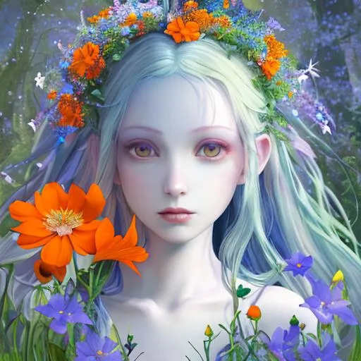 Prompt: fairy goddess of spring, pale skin,surrounded by vividly colored orange and blue wildflowers,closeup