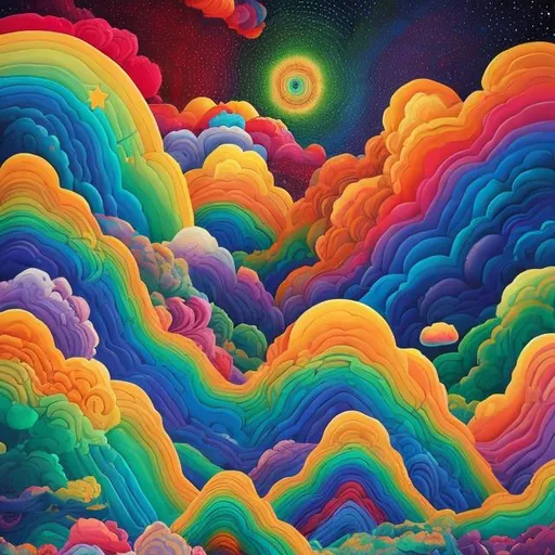 Prompt: a painting of a rainbow landscape with clouds and stars and a rainbow moon in the sky above it is a rainbow cloud and a rainbow, artist, psychedelic art, psychedelic, a detailed painting