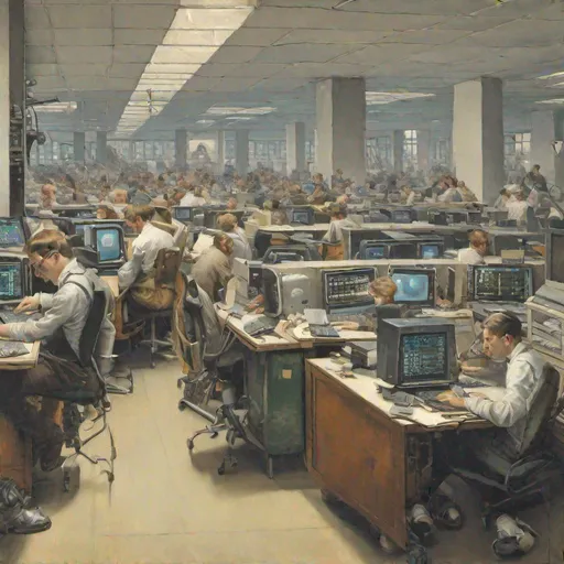 Prompt: In Dutch Realism style, show computer programmers hard at work at their desks
