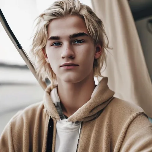 Prompt: A Swedish teen-ager with blonde hair, hudge brows and brown eyes. He have long face and long nose.