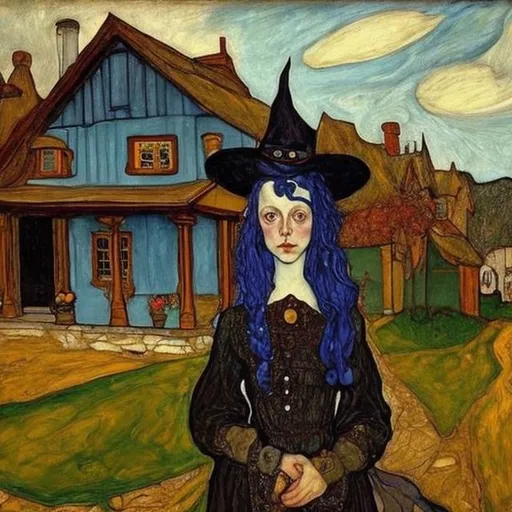 Prompt: young witch, blue hair, black cat, in front of a cottage, steampunk style, painted by schiele and munch,  detailed face, detailed clothes, detailed background