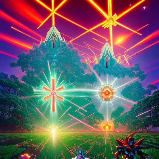 Prompt:  explosion of crystals forming symmetric cross and ultimate gundam flying under red sky and big cross symbol, CROWned PEGASUS, luscious green forest , rhads, beeple,  alphonse mucha, clever global illumination, highly detailed and intricate environment CHURCH background crystals everywhere akira toriyama madhouse