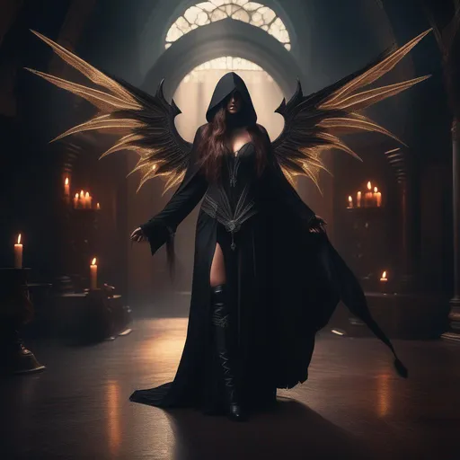 Prompt: Roguish beautiful mysterious dark  assassin woman with long hair, glowing eyes, demon horns, succubus tail, angel wings and a halo wearing dark hooded turn of the century cloths performing a ritual, dynamic lighting, cinematic lighting, hyper detail, sharp detail, intricate detail, centre image, trending on artstation, Digital Illustration, HDR, Concept Art, Unsplash contest winner, CryEngine, Unreal Engine, 8k resolution, 8K 3D, deviantart, Greg Rutkowski, Johan Grenier, Ilya Kuvshinov, Hyperrealism, highly detailed, octane render, smooth, volumetric lighting, soft lighting aesthetic, golden hour, sharp focus, perfect anatomy, full body image, D&D, Diablo 4, Baldur’s gate 3, Horizon Dawn, fantasy, dark fantasy, animated