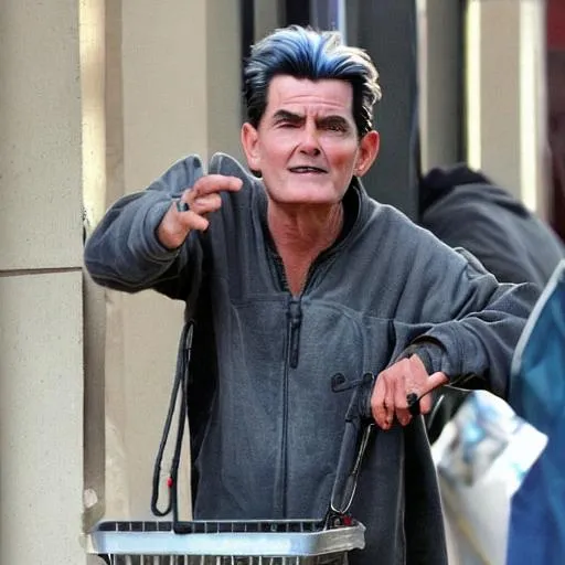 Prompt: Gray haired homeless Charlie sheen
