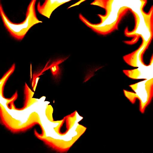 Prompt: human like dark shadowy figure with hair of flames 