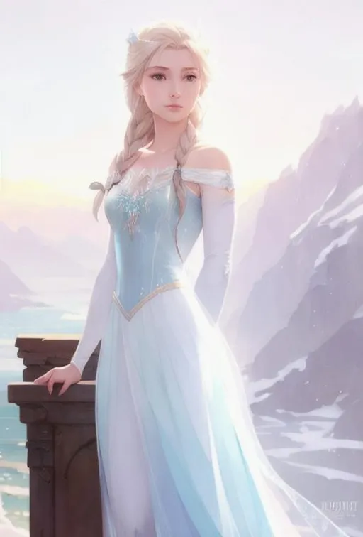 Prompt: Princess Elsa staring out into the horizon,  perfect features, extremely detailed, realistic. Krenz Cushart + loish +gaston bussiere +craig mullins, j. c. leyendecker +Artgerm