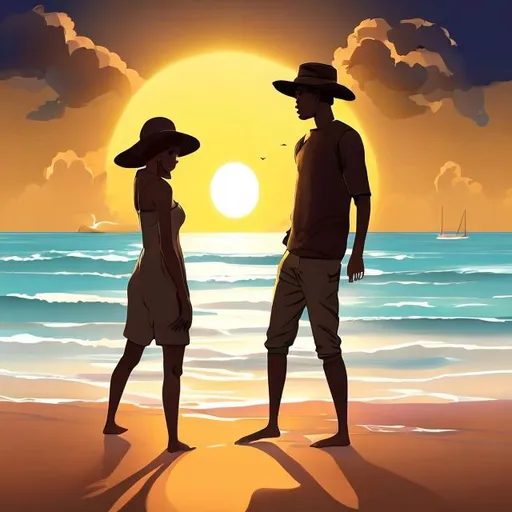 Prompt: On a serene beach, the sun begins its descent towards the horizon, casting a golden hue across the sky. The silhouettes of two individuals stand out against the breathtaking backdrop. The man, positioned on the left side of the illustration, is clad in a casual outfit, wearing a wide-brimmed hat to shield his face from the sun's rays. He holds a professional camera in his hands, focusing his lens on the woman.

The woman, positioned on the right side of the composition, is gracefully kneeling on the sand. Her hair cascades down her back, catching the soft evening breeze. She wears a flowing dress that gently sways in the wind, adding an ethereal quality to the scene. Her arms are outstretched, almost as if she is embracing the beauty of the moment. A sense of anticipation and joy radiates from her expression.

The beach stretches into the distance, with the waves gently lapping at the shore. The sand bears intricate patterns, capturing the texture and details of the beachscape. Seagulls soar gracefully overhead, their silhouettes elegantly defined against the vibrant sky. The reflection of the setting sun shimmers on the water, casting a warm and enchanting glow.

Every detail is meticulously rendered in the illustration, from the subtle ripples on the ocean's surface to the intricate patterns on the shells scattered along the beach. The play of light and shadow adds depth and dimension, enhancing the overall realism and visual impact of the artwork. The composition evokes a sense of wonder, tranquility, and the timeless beauty of capturing precious moments through photography.
