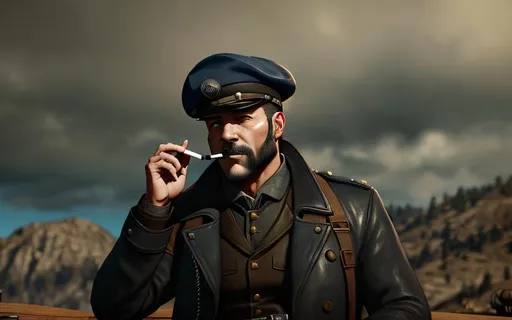 Prompt: Portait Man with black beret, with a cigarette in the mouth, Mutton Chops , overcoat leather clothing with brown color, photorealistic picture, Fallout 76 blue skys, really old look, very detailed, realistic photo, dramatic lighting,