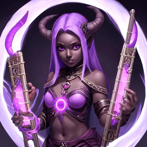 Prompt: Portrait of an adolescent, scared, innocent, beautiful tiefling girl with very dark ash skin, wearing thieve's garb and holding up a glowing, light purple psionic blades playing a pan flute