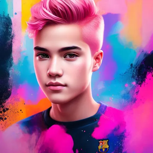 Prompt: Full body Portrait of {A teenager} with {pink} hair and with cute face, {Barcelona fans background image}, full body, perfect composition, hyperrealistic, super detailed, 8k, high quality, trending art, trending on artstation, sharp focus, studio photo, intricate details, highly detailed.