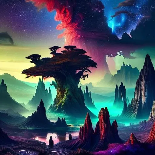 Prompt: Highly detailed fantasy planet landscape, clouds, stars, planets, waterfalls, nebulae, mystical, light shafts, ancient trees, magenta-pink, green-cyan, dark-magenta, electric-blue, trending on artstation, beautiful, tonemapping, fantasy art, digital painting, hyperrealism, hyperdetailed, landscape, photorealistic, dramatic lighting, ray tracing, path tracing, vibrant, full shot