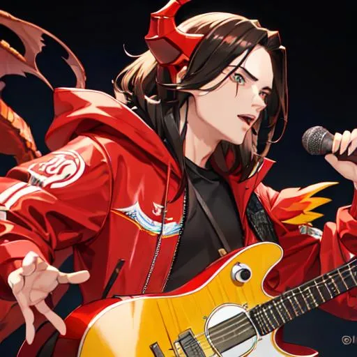 Prompt: he is having middle parting hairs and he is performing a melodious song in front of millions of his audience and playing an electronic guitar that makes him look awesome he is wearing a red color dragon beast hoodie.