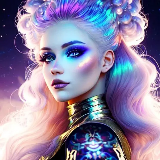 Prompt: A very beautiful woman with hair made of glowing clouds illuminated by the moonlight, artistic makeup with a metallic iridescent pallette, iridescent effect to the white clouds.