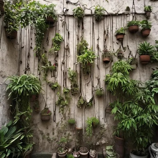 Prompt: dug out plants hanging from the wall, nature, artistic, museum, with roots, illustration, focus on detail, realistic, sharp
