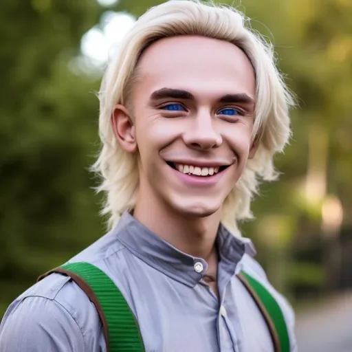 Prompt: transgender man with big green eyes and blond hair and a nice smile 