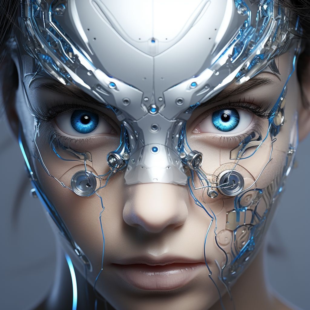 Prompt: blue eyes by oovrthru, in the style of futuristic art, chrome-plated, digitally enhanced, detailed character expressions, light gray and bronze, ultra hd, idealized beauty