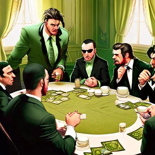 Prompt: high powered mafia gathered around table talking about money. lots of green and money around them

