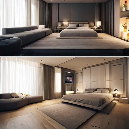 Prompt: I want to design a bed room with 5 * 7.12 m 
I want it to include 
- a 180cm width bed with mounted TV in front of it
- a dressing area with sofa in middle 
- a setting area 