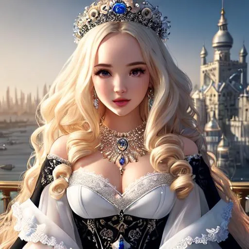 Prompt: Dove Cameron, Hyper realistic, detailed face, sitting , battlefield ethereal white and black lace royal princess two piece long tight dress, floating city in background, jewelry set, curly long blonde hair, snakes and flowers in the background, royal vibe, highly detailed, digital painting, HD quality, pale skin, artgerm, by Ilya Kuvshinov 
