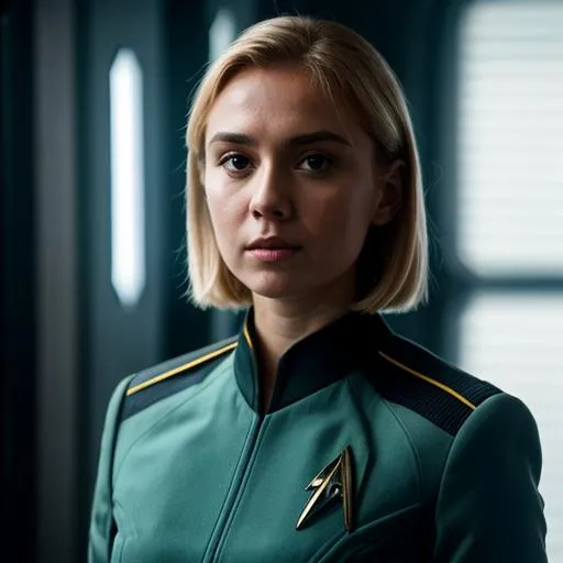 Prompt: Alyona Vargasova in a Starfleet uniform. {Star Trek: The Next Generation}