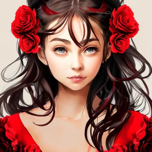 Prompt: Girl wearing red with roses in her hairlWith red roses