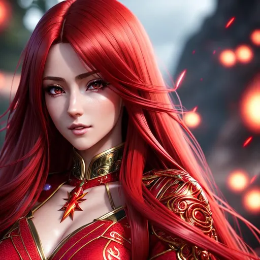 Prompt: Highly Detailed, Hyperrealistic, Photorealistic, Woman in revealing red and beautiful clothes, Detailed, vivid, and enhanced anime face very rich in details and extremely great resolution, with very long red hair

(Anime
Wizard
Vibrant colors
Lightning
4K resolution
Dynamic
Powerful
Energy
Magical
Otherworldly
Intricate details
lightning background)

Cinematic Lighting, Unreal Engine 5, 64K Resolution, Concept Art, Realistic Masterpiece, sharp focus, Professional, UHD, HDR, 8K, Render, electronic, dramatic, vivid, pressure, stress, nervous vibe, loud, tension, traumatic, dark, cataclysmic, violent, particle effects