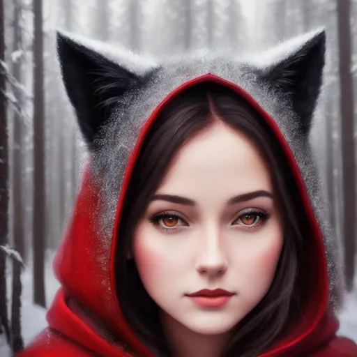 Prompt: close portrait of The Girl in the Red Cloak with the Wolf in the Dark Forest, detailed digital painting, a photorealistic painting, art photography