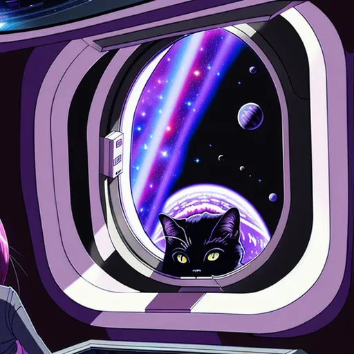 Prompt:  a black hole seen from a window of a spaceship with a cat and a woman sitting near the window of the spaceship, realistic anime style drawing, the black hole send out a brigth but also dark purple collor, there are planet near the black hole, the point of view is a camera with 8k resolution that is haning in the cornor of the room