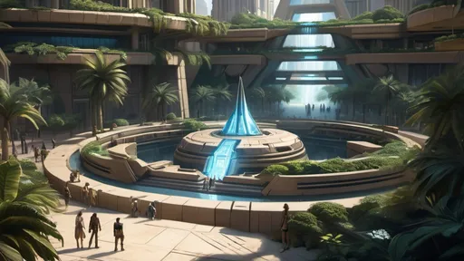 Prompt: Stargate in the middle of a city plaza, futuristic setting, aerial view, star portal, pyramid spaceships, floating pyramids, hanging gardens, detailed fantasy art, Clint Cearley style, League of Legends art, futuristic gardens, highres, detailed, aerial perspective, fantasy art, sci-fi, futuristic, star portal, detailed architecture, egyptian architecture, professional, magical lighting, atlantis setting