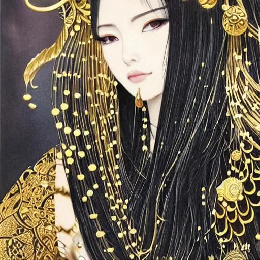 Prompt: Drawing of a {dark goddess} with {horns}, {gold tints} and with a cute face, {laying down in the Ocean}, perfect proportions, perfect eyes, composition, hyperrealistic, super detailed, high quality, sharp focus, painting, intricate details, highly detailed, style tsutomu nihei and gustaf Klimt 